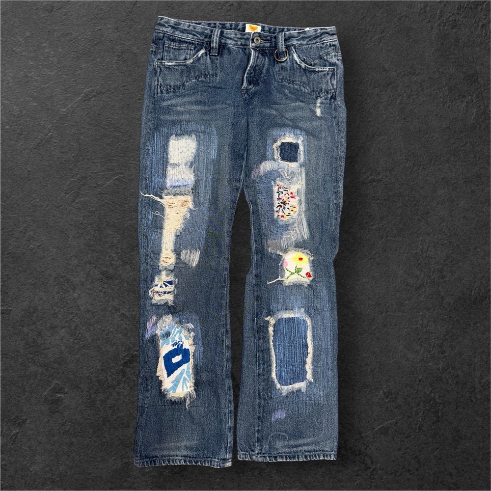 Antik Denim Womens 30 Patchwork Distressed Embroidered Straight Leg Jeans USA